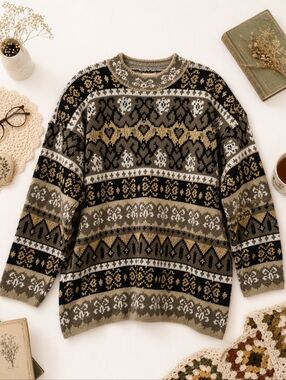 PARKWAY KNITS Vtg Black Gold White L Sleeve Grannycore Sweater. Ladies L/XL
